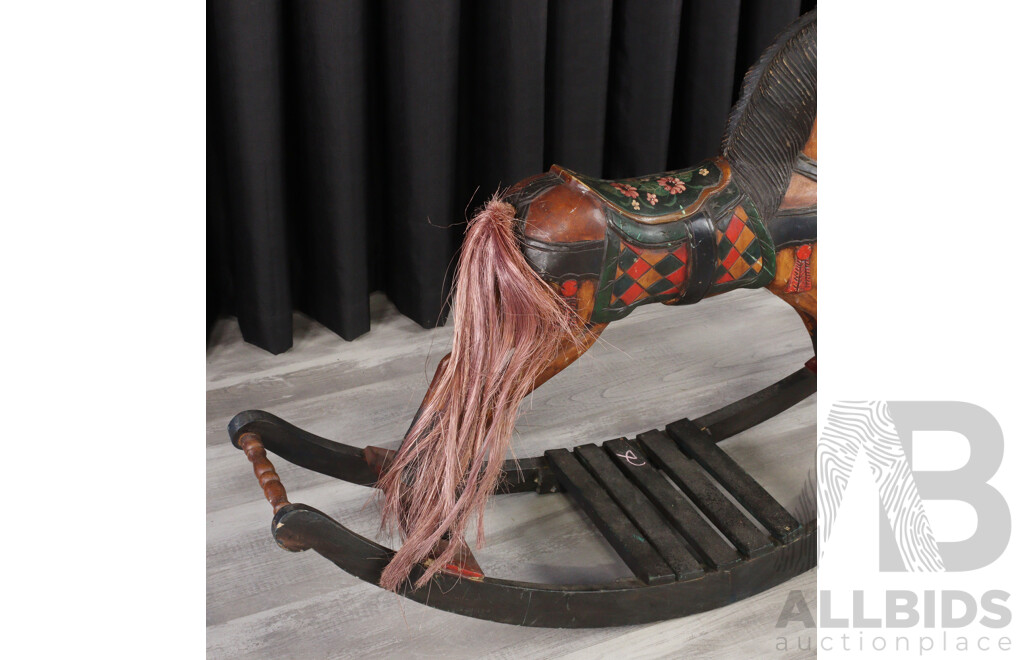 Carved Timber Folk Art Painted Rocking Horse