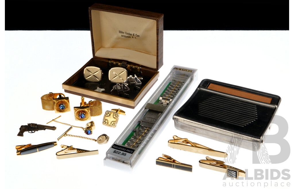 Collection of Vintage Cuff Links, Tie Bars/pins, Tobacco Roller Case & Guess Watch Band