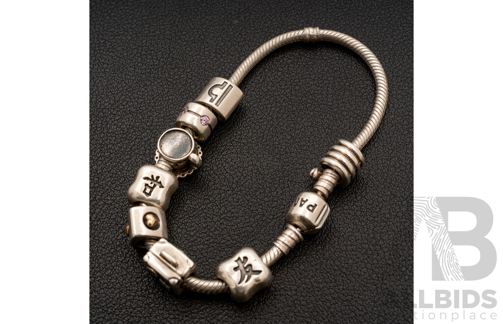 Pandora Moments Sterling Silver Snake Link Bracelet 18.5cm with (8) Pandora Sterling Silver Bead Charms, 40.0 Grams