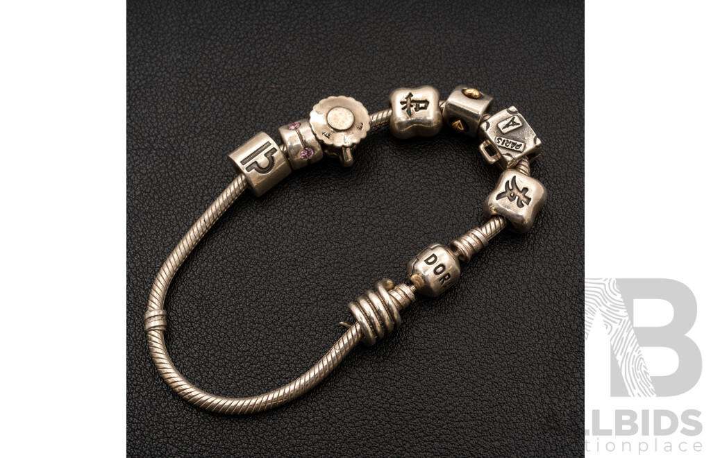 Pandora Moments Sterling Silver Snake Link Bracelet 18.5cm with (8) Pandora Sterling Silver Bead Charms, 40.0 Grams