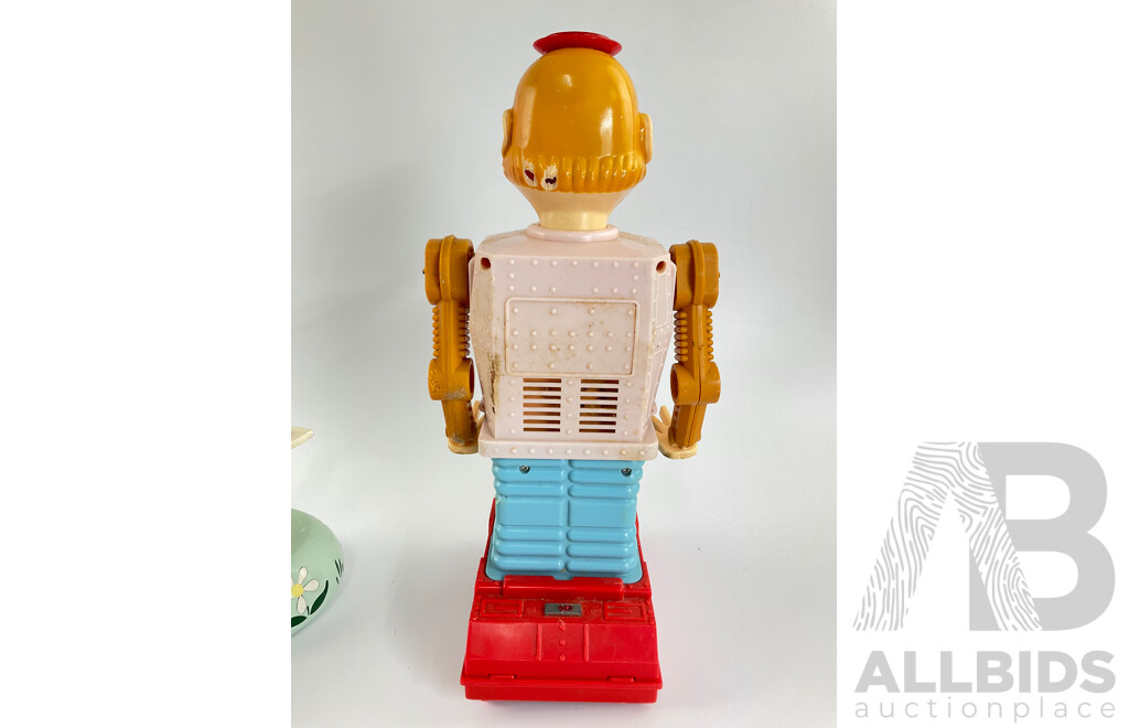 Collection of Vintage Toys Including Battery Powered Robot and Clown with Clock Work Carousel, Flower and Sailor