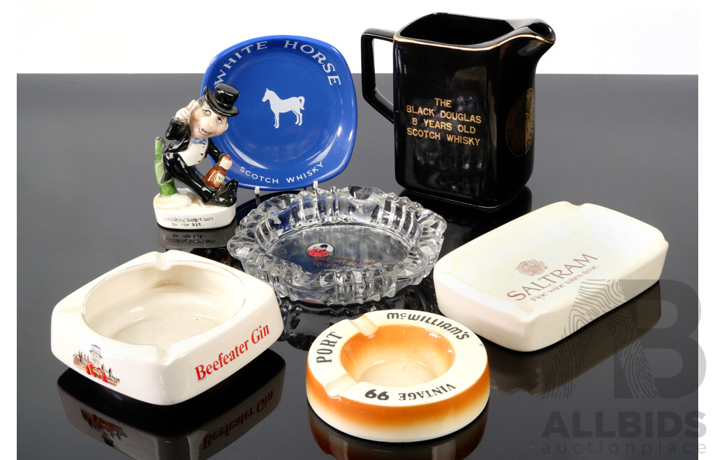 Collection of Vintage Ashtrays and Jug Including Wade Beefeater Gin, White Horse, Elisher Australia Saltram Fine Wines, Mc Williams Port, Tetley's