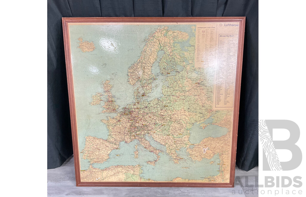 Vintage Framed Lufthansa Map of European Aircraft Routes, Printed in Germany