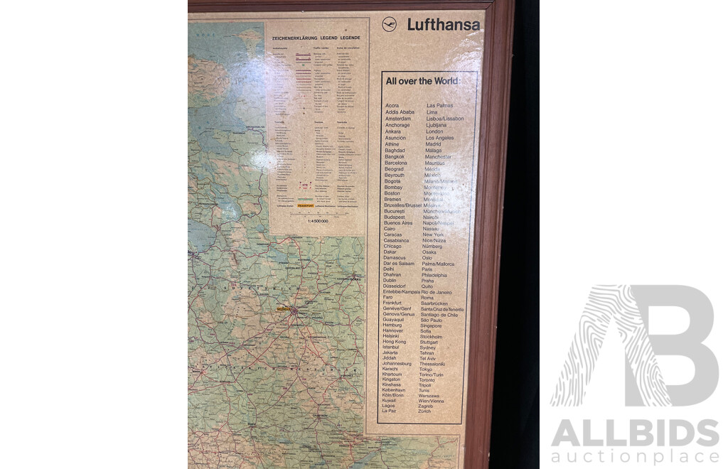 Vintage Framed Lufthansa Map of European Aircraft Routes, Printed in Germany