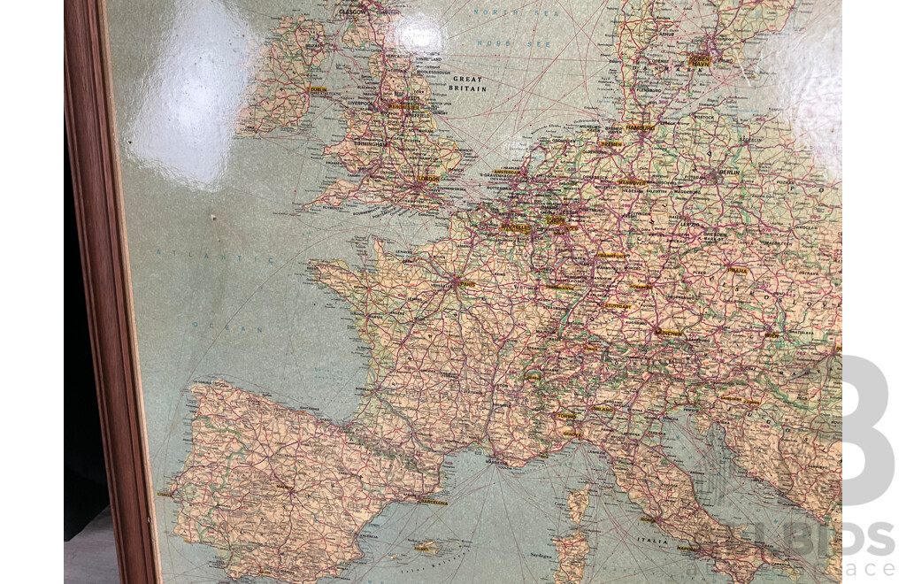 Vintage Framed Lufthansa Map of European Aircraft Routes, Printed in Germany