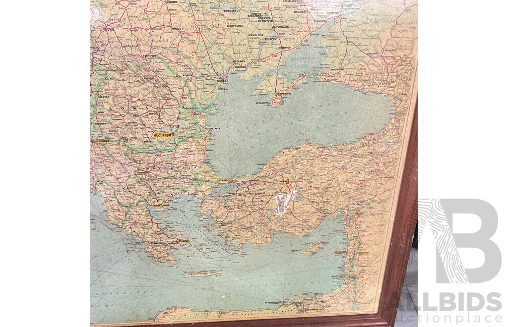 Vintage Framed Lufthansa Map of European Aircraft Routes, Printed in Germany