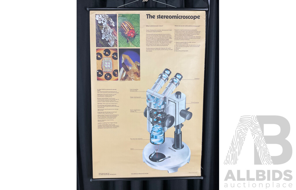 Vintage Hanging Canvas Scroll Advertisement Poster for Wild Heerbrugg M8 Steromicroscope, Printed in Switzerland