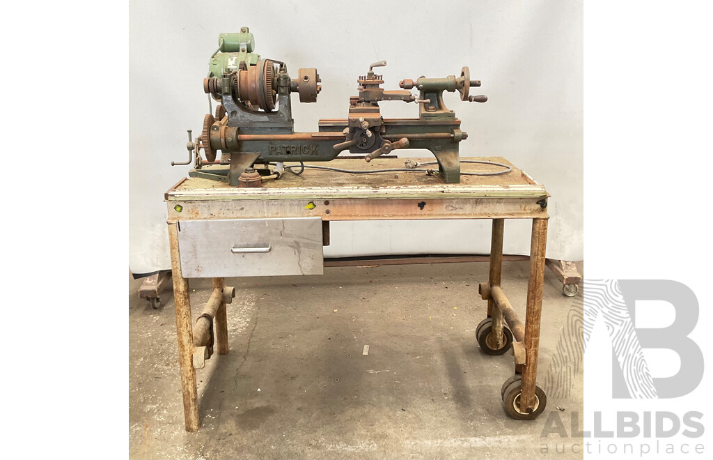 Antique Patrick Steel Lathe on Steel Bench with Various Cutting Tools, Chucks Drill Bits and Micrometer