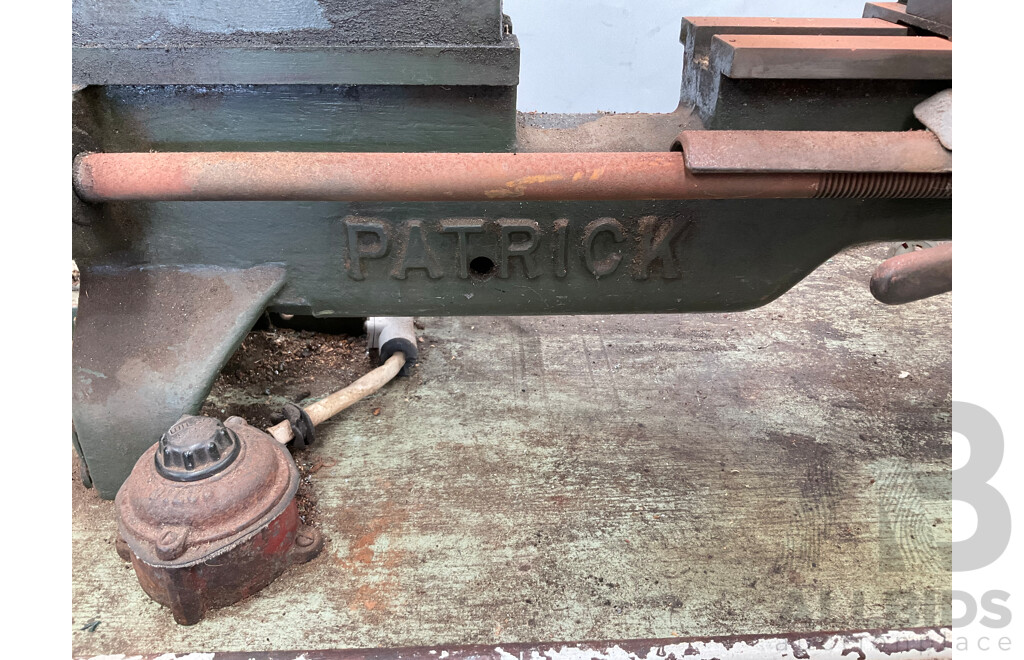 Antique Patrick Steel Lathe on Steel Bench with Various Cutting Tools, Chucks Drill Bits and Micrometer