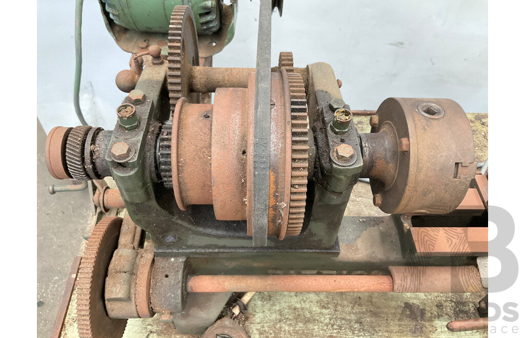 Antique Patrick Steel Lathe on Steel Bench with Various Cutting Tools, Chucks Drill Bits and Micrometer