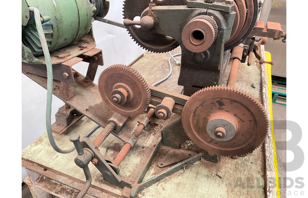 Antique Patrick Steel Lathe on Steel Bench with Various Cutting Tools, Chucks Drill Bits and Micrometer