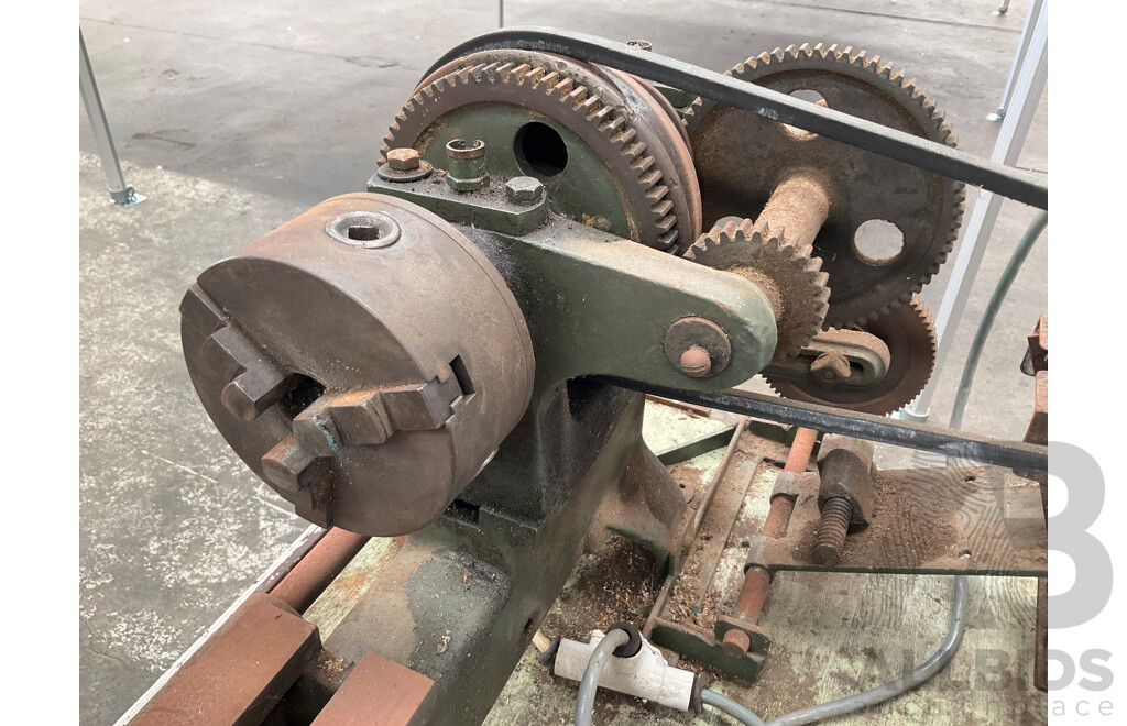 Antique Patrick Steel Lathe on Steel Bench with Various Cutting Tools, Chucks Drill Bits and Micrometer