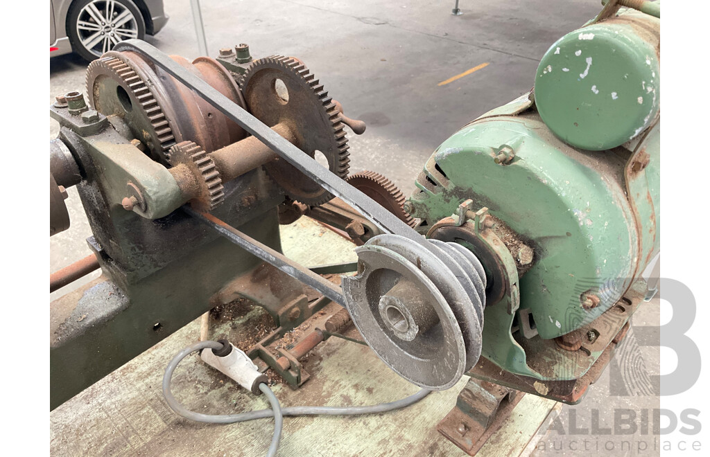 Antique Patrick Steel Lathe on Steel Bench with Various Cutting Tools, Chucks Drill Bits and Micrometer