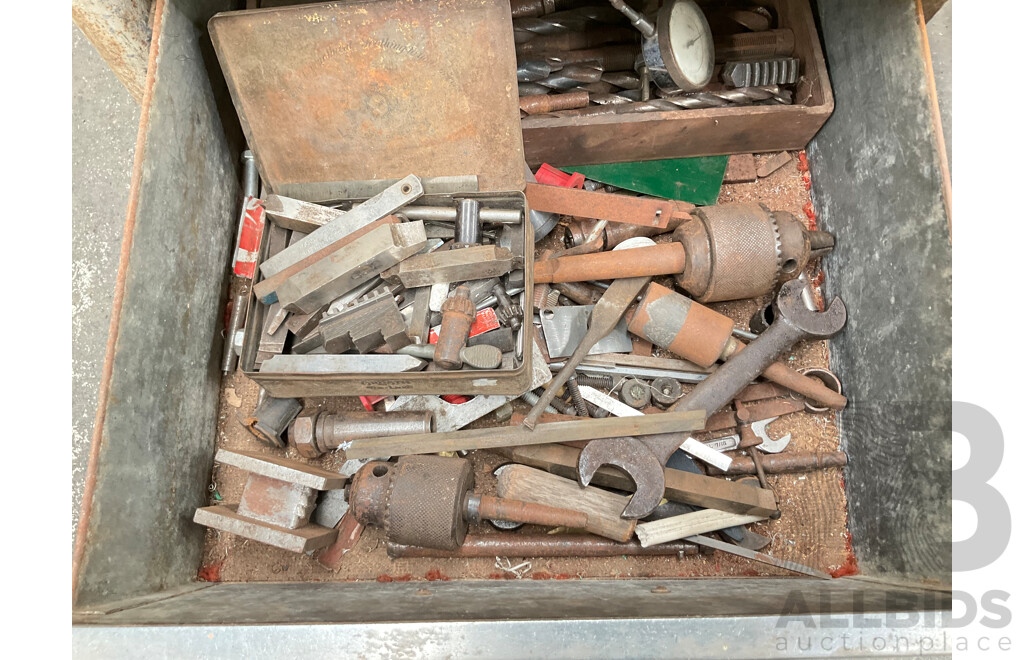 Antique Patrick Steel Lathe on Steel Bench with Various Cutting Tools, Chucks Drill Bits and Micrometer