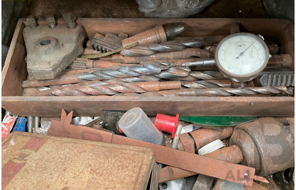 Antique Patrick Steel Lathe on Steel Bench with Various Cutting Tools, Chucks Drill Bits and Micrometer