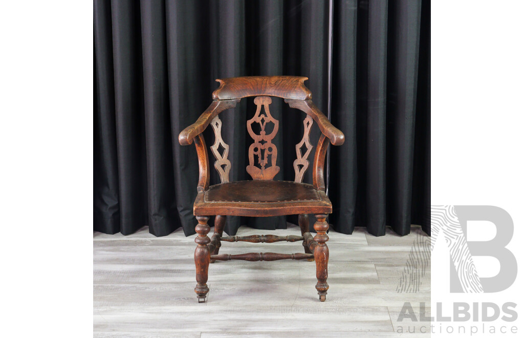 Antique Victorian Elm Tub Chair with Carved Back and Impressed Seat