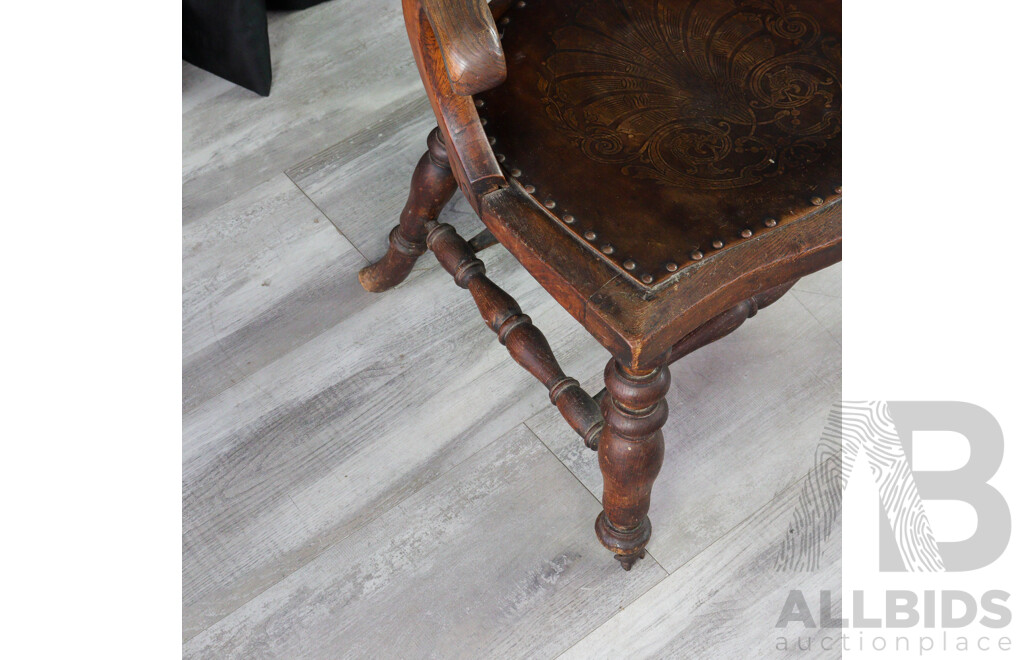 Antique Victorian Elm Tub Chair with Carved Back and Impressed Seat