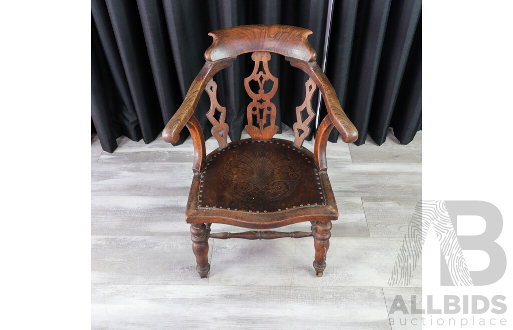 Antique Victorian Elm Tub Chair with Carved Back and Impressed Seat