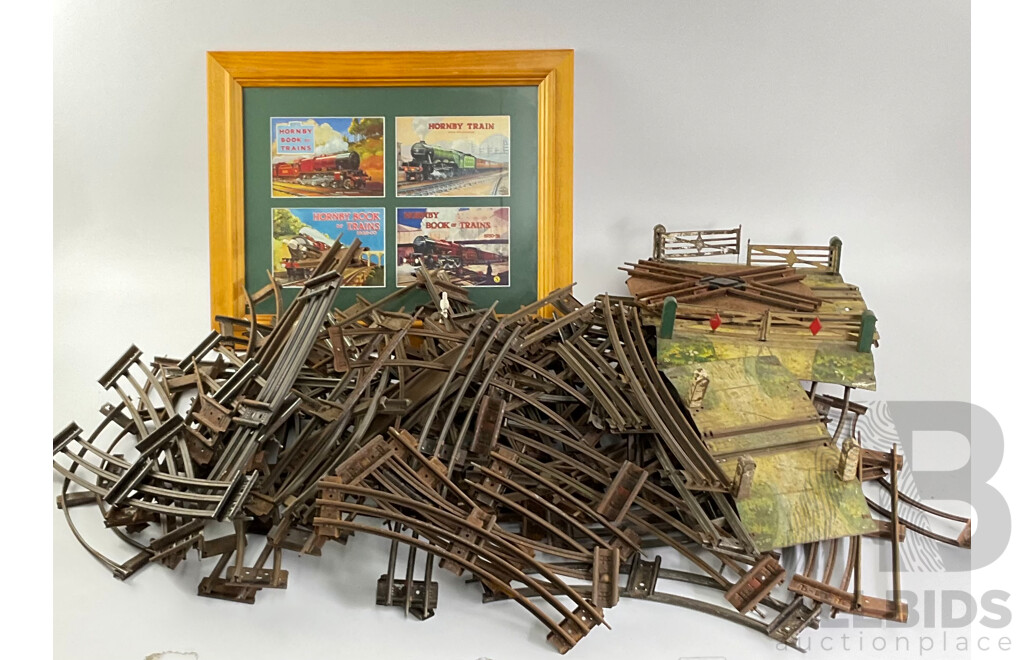 Large Collection of O Gauge Track, Three Rail and Two Rail, Curves, Straights and Points with Hornby One and Two Track Level Crossings and Framed Hornby Prints