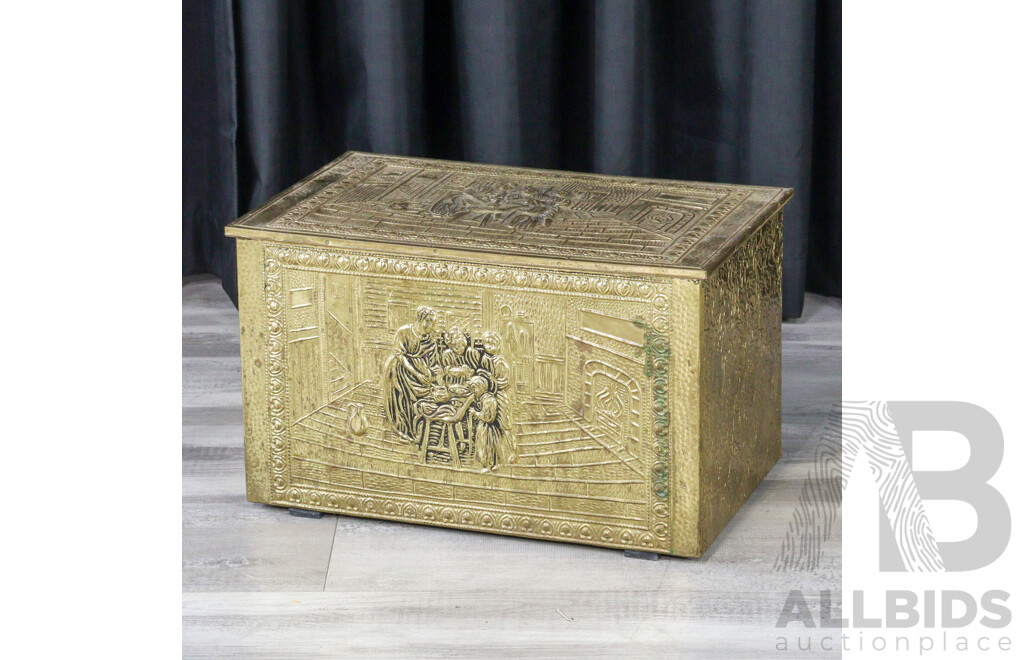 Vintage Ornate Brass Coal Box with Embossed Family Gathering Motif