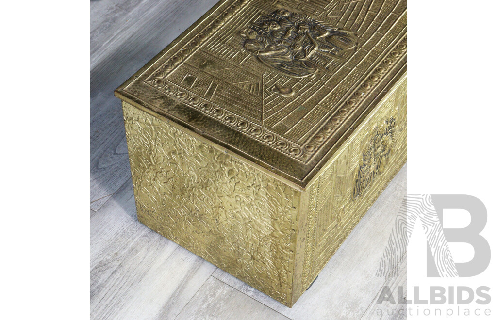 Vintage Ornate Brass Coal Box with Embossed Family Gathering Motif