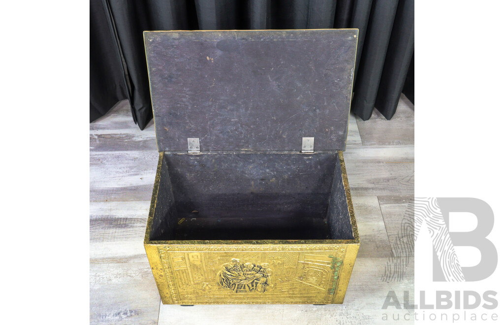 Vintage Ornate Brass Coal Box with Embossed Family Gathering Motif