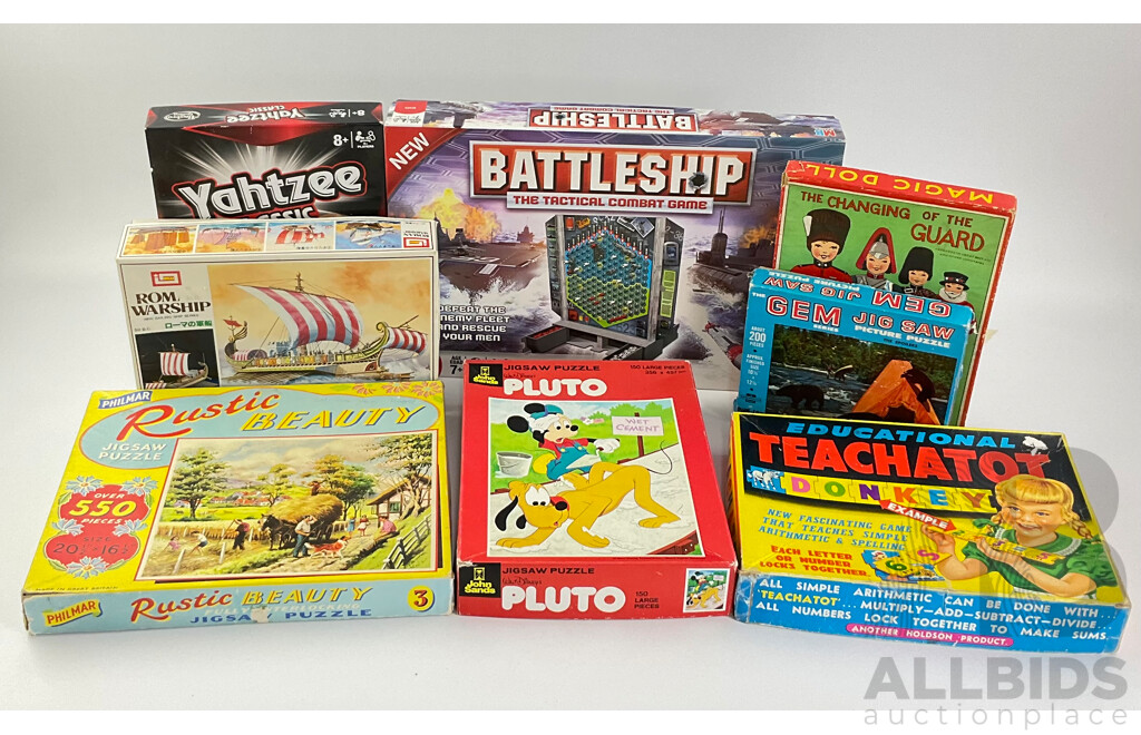 Collection of Vintage Board Games, Jigsaws and Model Including John Sands Pluto, Holdson Educational Teachatot, Yahtzee, Battleship, Roman Warship