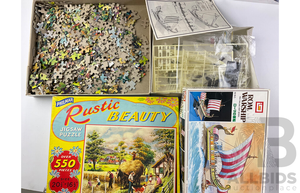 Collection of Vintage Board Games, Jigsaws and Model Including John Sands Pluto, Holdson Educational Teachatot, Yahtzee, Battleship, Roman Warship