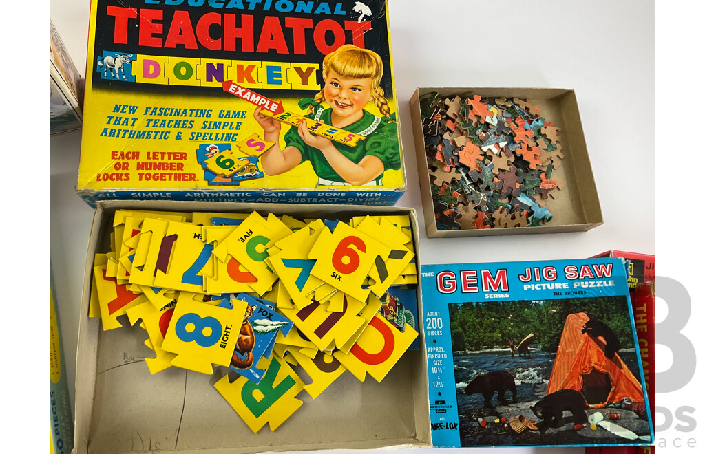 Collection of Vintage Board Games, Jigsaws and Model Including John Sands Pluto, Holdson Educational Teachatot, Yahtzee, Battleship, Roman Warship