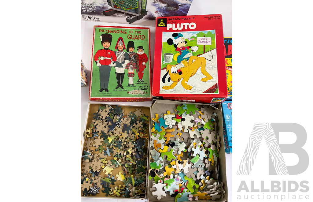 Collection of Vintage Board Games, Jigsaws and Model Including John Sands Pluto, Holdson Educational Teachatot, Yahtzee, Battleship, Roman Warship