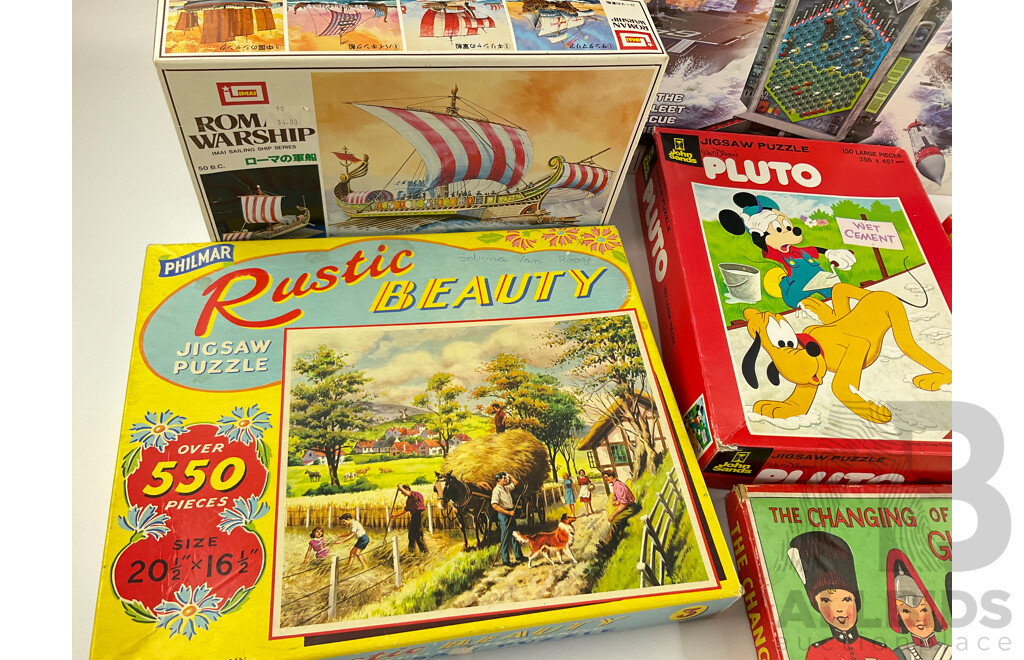 Collection of Vintage Board Games, Jigsaws and Model Including John Sands Pluto, Holdson Educational Teachatot, Yahtzee, Battleship, Roman Warship