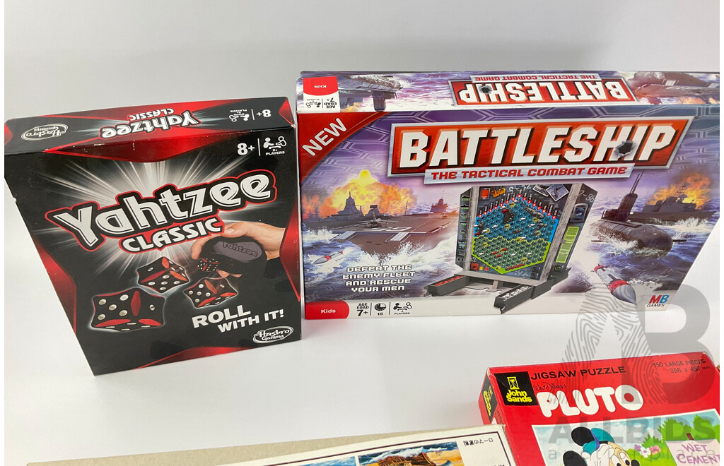 Collection of Vintage Board Games, Jigsaws and Model Including John Sands Pluto, Holdson Educational Teachatot, Yahtzee, Battleship, Roman Warship