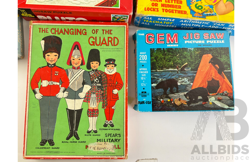 Collection of Vintage Board Games, Jigsaws and Model Including John Sands Pluto, Holdson Educational Teachatot, Yahtzee, Battleship, Roman Warship