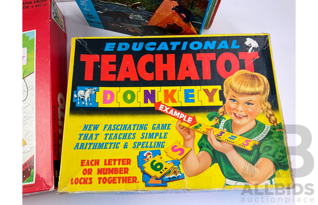 Collection of Vintage Board Games, Jigsaws and Model Including John Sands Pluto, Holdson Educational Teachatot, Yahtzee, Battleship, Roman Warship