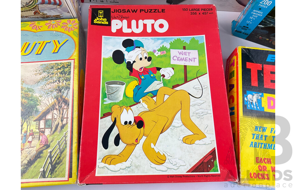 Collection of Vintage Board Games, Jigsaws and Model Including John Sands Pluto, Holdson Educational Teachatot, Yahtzee, Battleship, Roman Warship