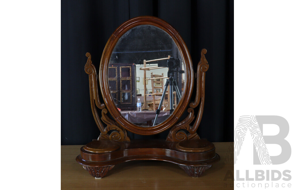 Antique Toilet Mirror with Twin Compartments and Carved Supports