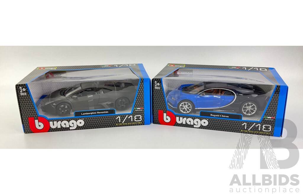 Boxed Diecast Burago Lamborghini Reventon and Bugatti Chiron 1:18 Scale