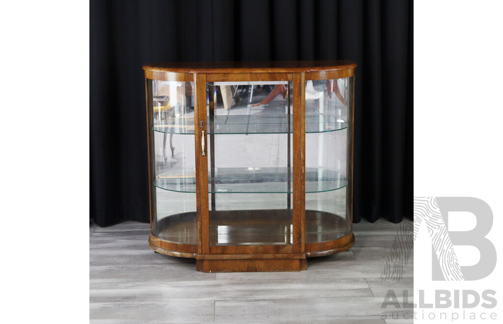 Vintage Bow Front Display Cabinet with Mirror Back and Beveled Glass