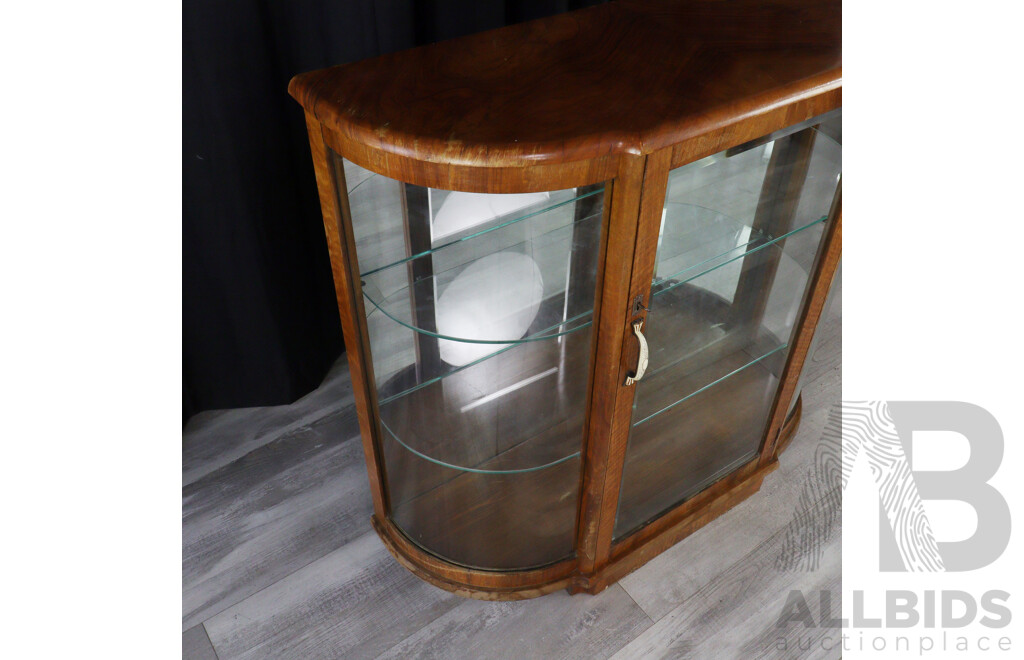 Vintage Bow Front Display Cabinet with Mirror Back and Beveled Glass