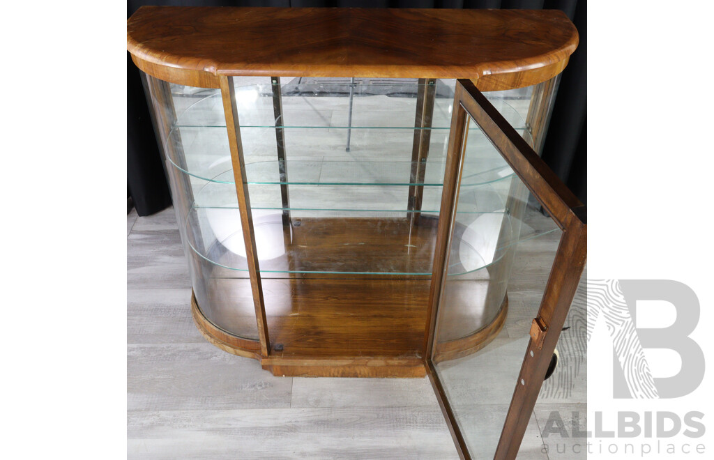 Vintage Bow Front Display Cabinet with Mirror Back and Beveled Glass