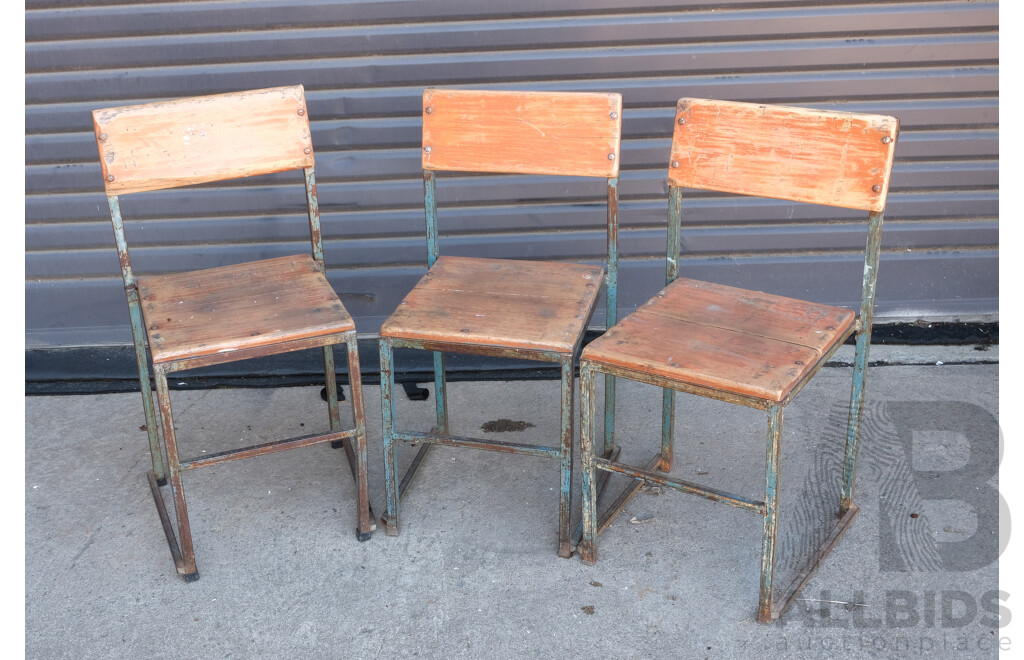 Three Vintage Indian School Steel Frame Chairs