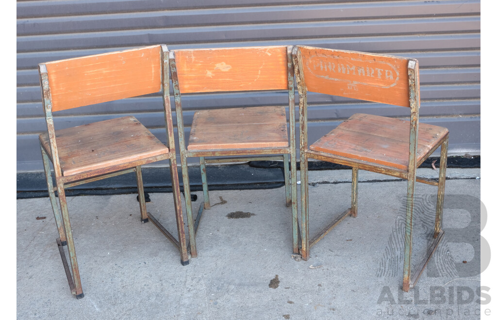 Three Vintage Indian School Steel Frame Chairs