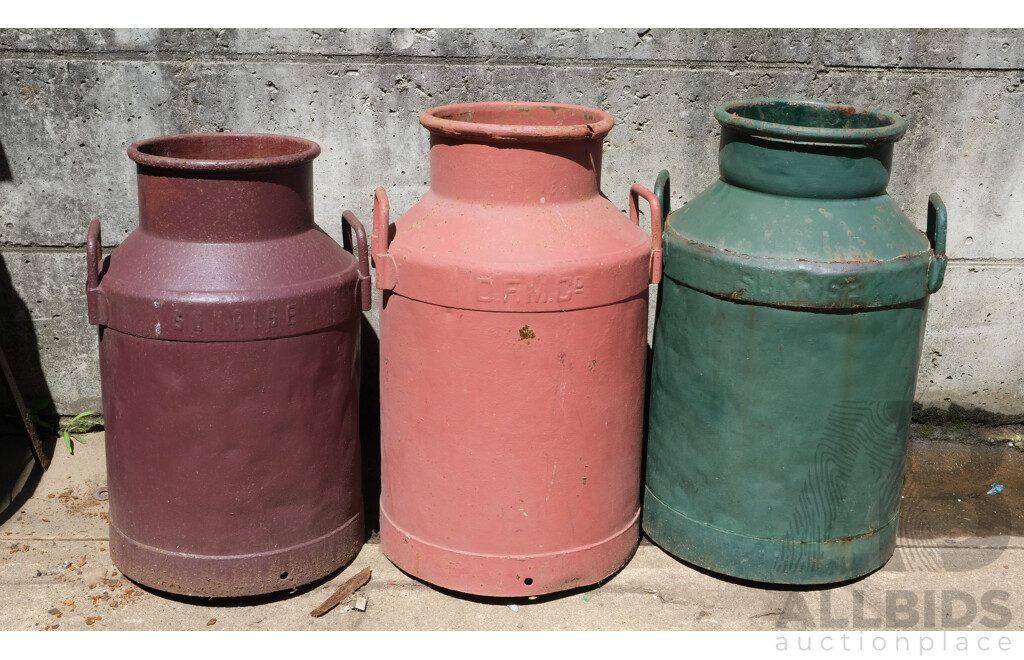 Three Vintage Steel Milk Urns Including Sunrise and D.F.M Co