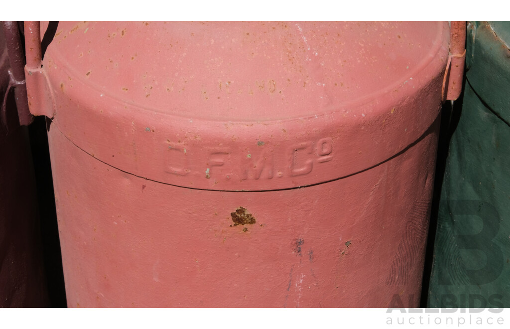 Three Vintage Steel Milk Urns Including Sunrise and D.F.M Co