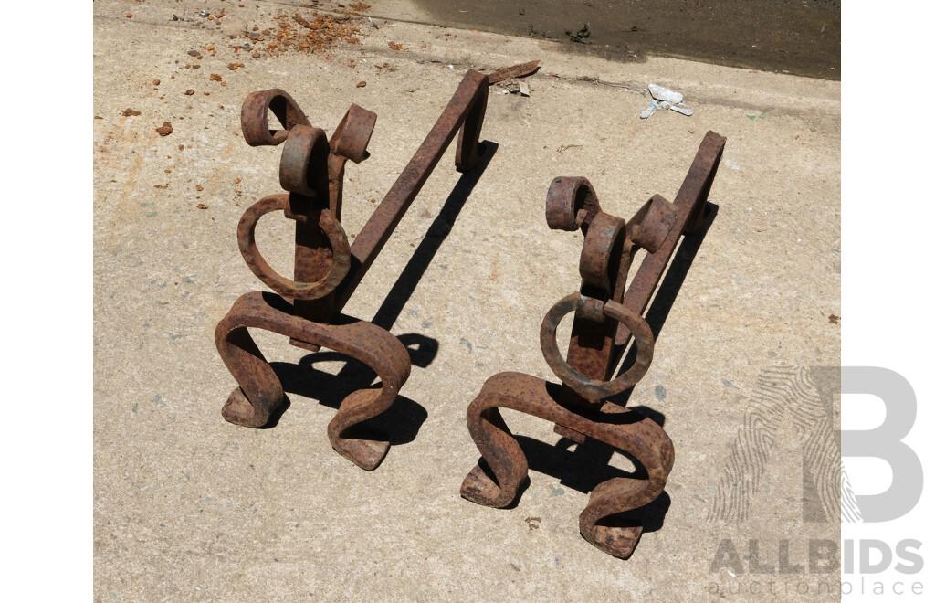 Two Antique Iron Ring Front Fire Dogs