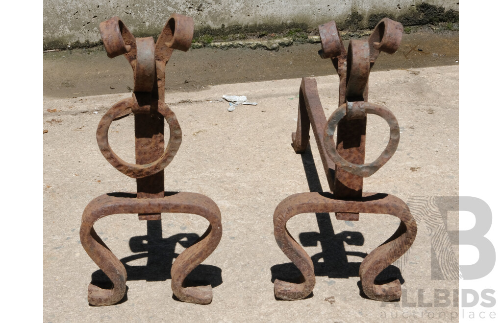 Two Antique Iron Ring Front Fire Dogs