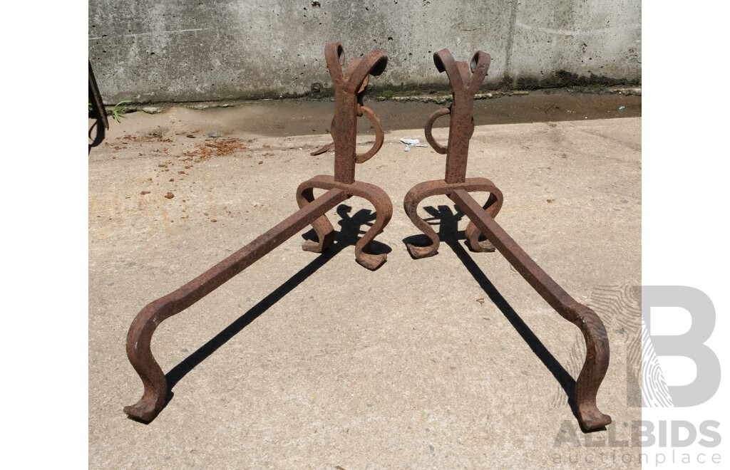 Two Antique Iron Ring Front Fire Dogs