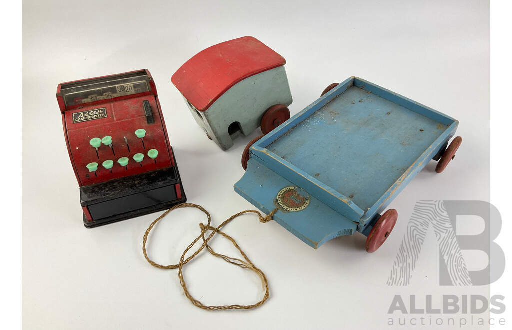 Vintage Pressed Steel Toy Cash Register, Olympic Kindergarten Union of NSW Pull Along Cart and Timber Trailer, Made in Australia