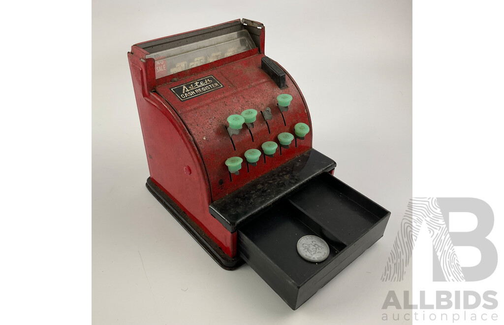 Vintage Pressed Steel Toy Cash Register, Olympic Kindergarten Union of NSW Pull Along Cart and Timber Trailer, Made in Australia