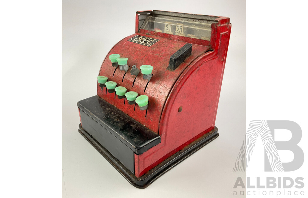 Vintage Pressed Steel Toy Cash Register, Olympic Kindergarten Union of NSW Pull Along Cart and Timber Trailer, Made in Australia